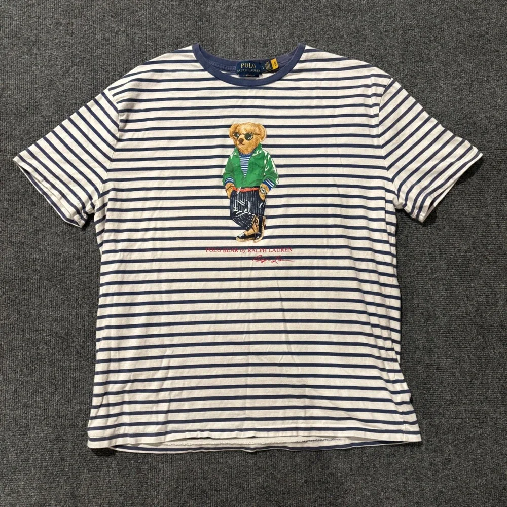 Polo Ralph Lauren Mens Polo Bear Striped T-Shirt Navy White Classic Fit Large